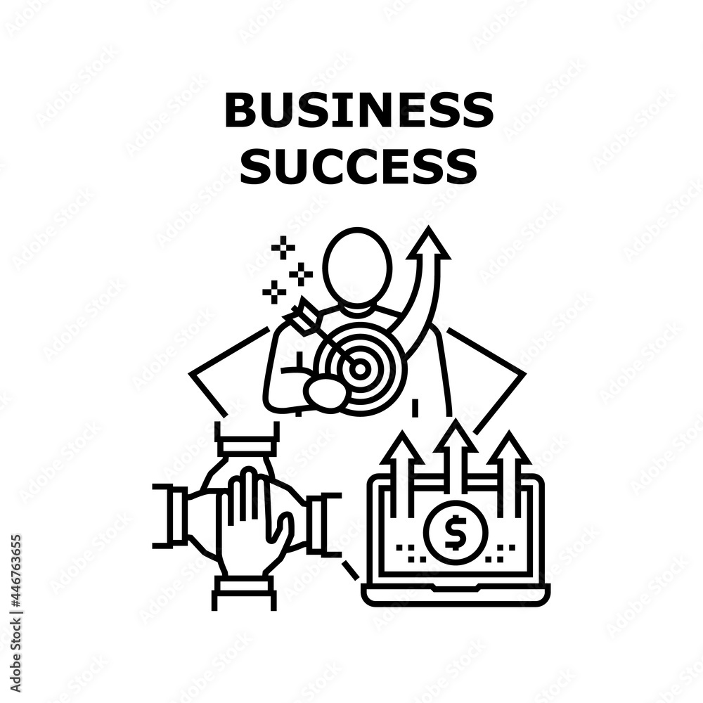 Business Success Vector Icon Concept. Business Success Goal Achievement And Earning Money In Internet Online, Coworking And Teamwork In Company. Businessman Success Work Black Illustration