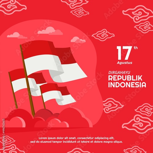 indonesia independence day 17 august with country flag and batik mega mendung background