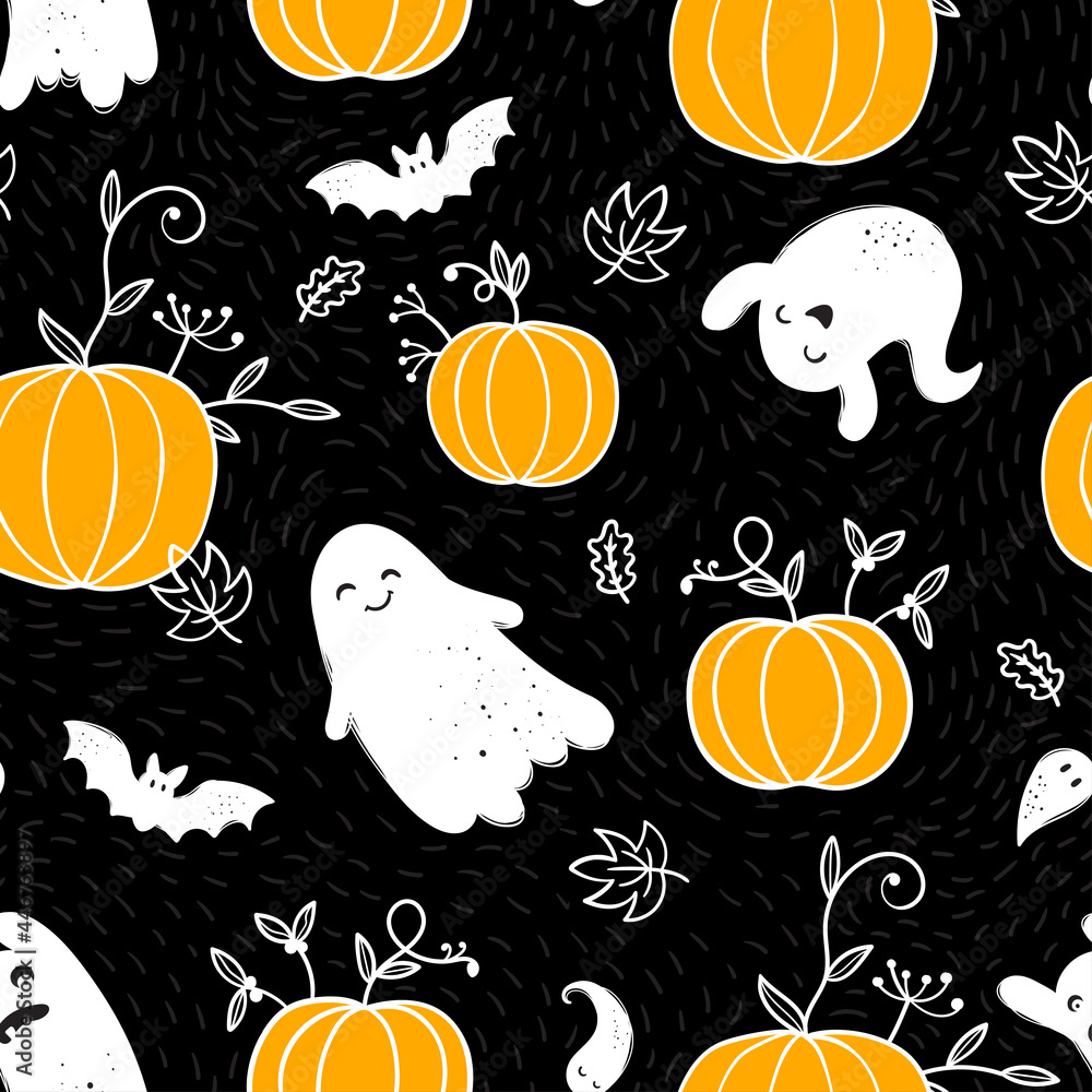 Cute hand drawn pumpkins seamless pattern, lovely doodle background, great for Halloween textiles, banners, wallpapers, wrapping - vector design