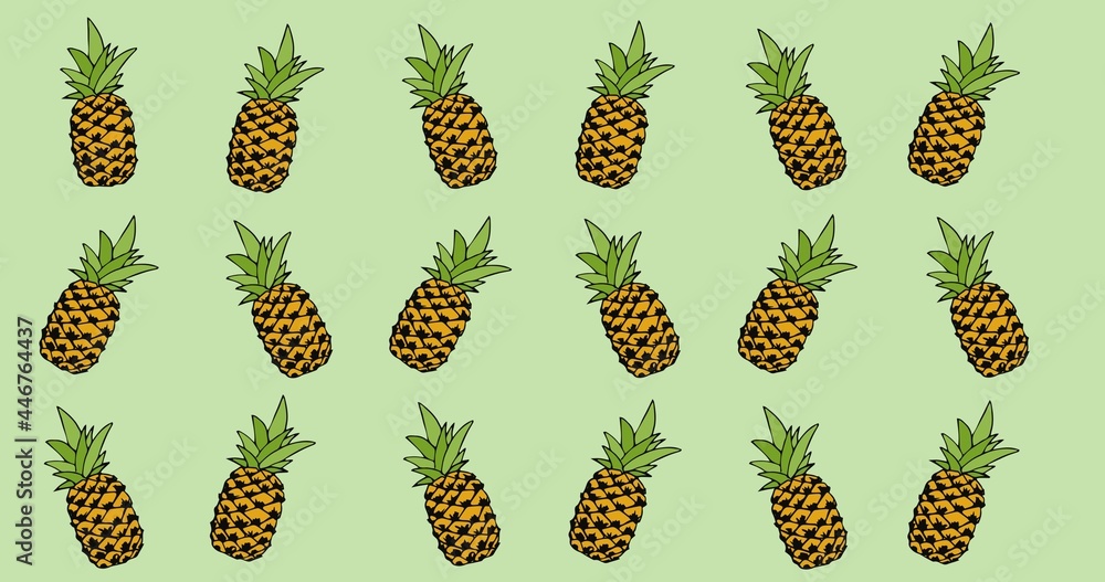 Composition of rows of pineapples on green background Composition of rows of pineapples on green background