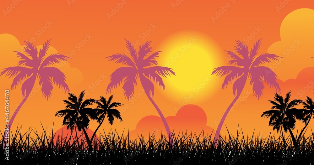 Composition of palm trees over sunset on orange background