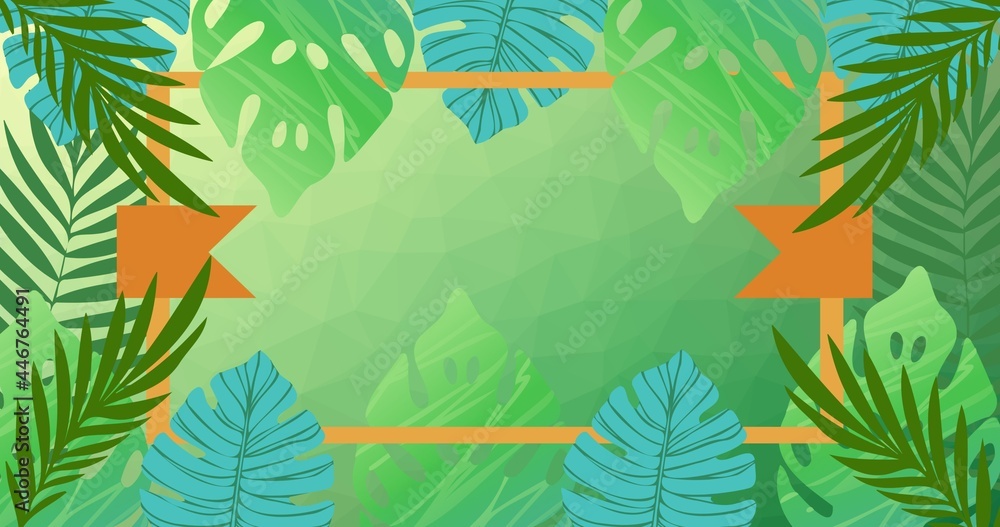 Fototapeta premium Composition of exotic leaves forming frame with copy space on green background
