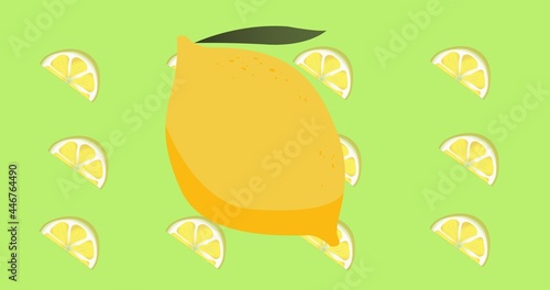 Fototapeta Naklejka Na Ścianę i Meble -  Composition of lemon and rows of lemon slices on green background