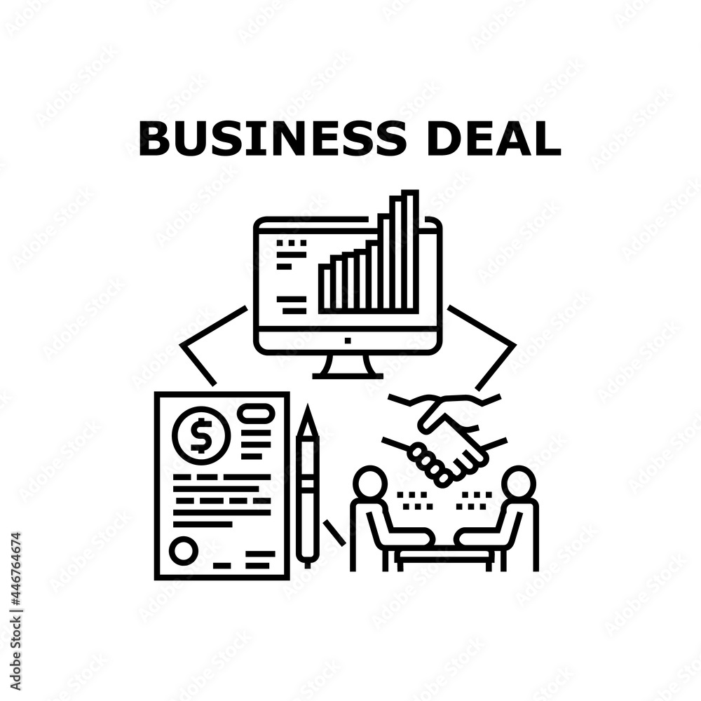 Business Deal Vector Icon Concept. Success Business Deal And Agreement Signing Businessman With Partner, Selling Or Buying Products Or Service. Professional Occupation Black Illustration Business Deal Vector Icon Concept. Success Business Deal And Agreement Signing Businessman With Partner, Selling Or Buying Products Or Service. Professional Occupation Black Illustration