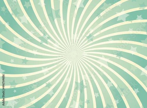 Sunlight spiral horizontal background. Green and beige color burst background with shining stars.