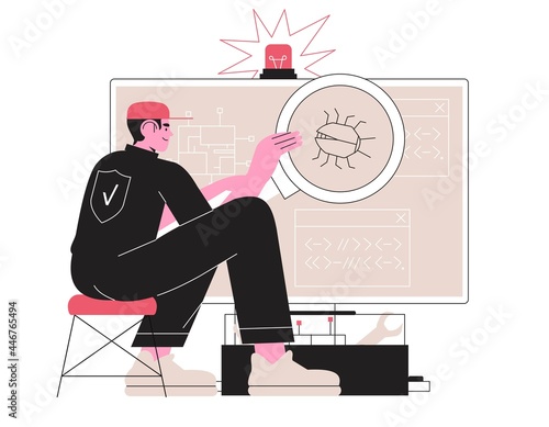 Man fix computer or laptop, deleting malware, virus, bug or system error. System administrator fixing program code or searching or preventing data leak. Programmer instal antivirus or spam protection.