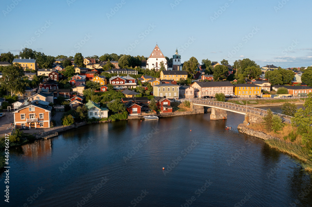 Aerial view of the old town and the cathedral of porvoo in summer