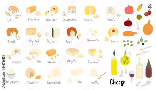 Big set of cheese illustrations. Different kinds - hard, soft, semi-soft, blue. Heads of cheese and parts. With oil, tomato, wine, olives, inscriptions. Flat pretty design for menu, restaurant, shop.