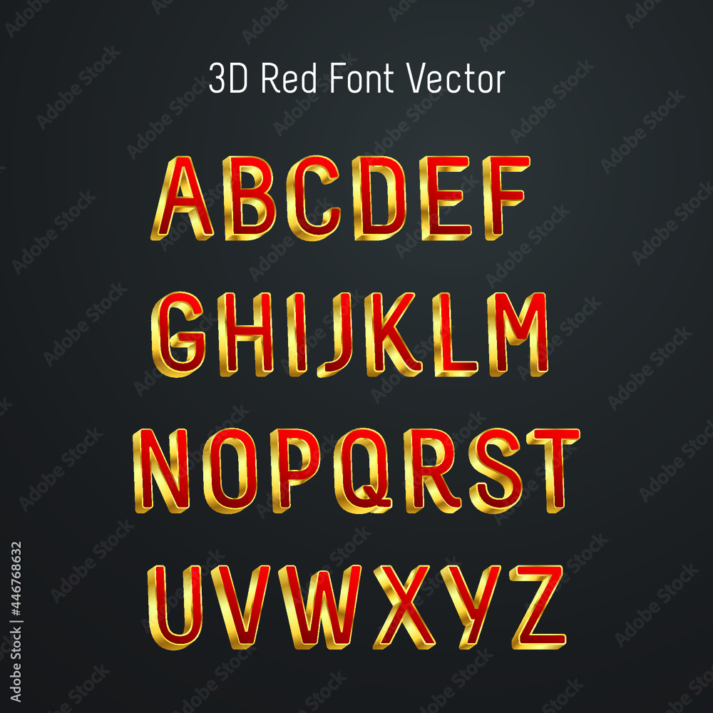 Vector luxury 3D font with majestic Red and Golden Font. Stylish 3D Alphabet Letters, Numbers and Symbols.