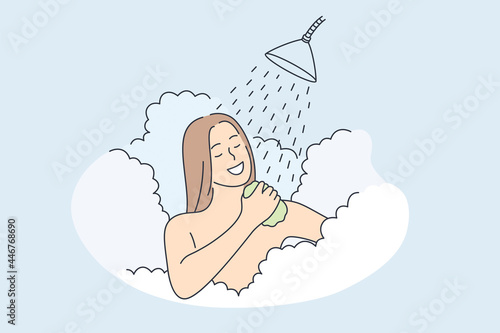 Skincare, relaxation, beauty rituals concept. Young pretty Woman cartoon character taking bath with bubble for hygiene and beauty feeling positive vector illustration 