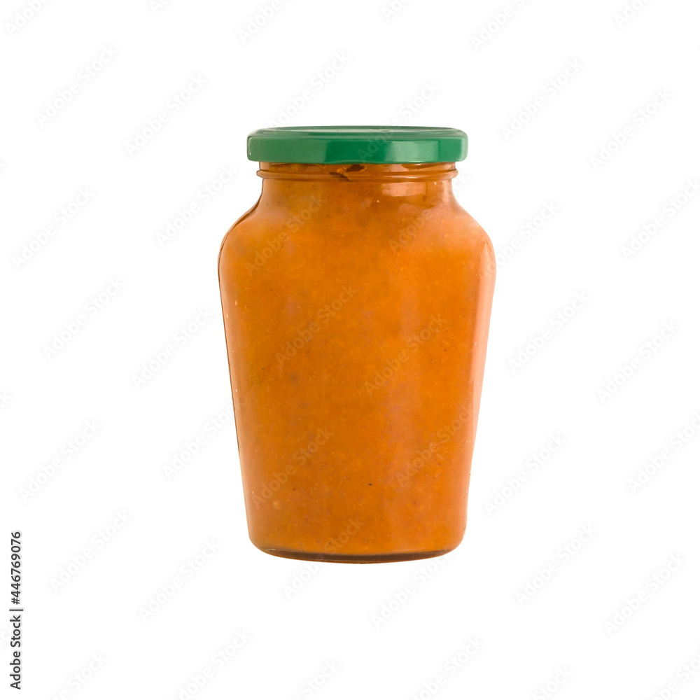 Glass jar with squash caviar isolated on white background. Glass jar with squash caviar isolated on white background.