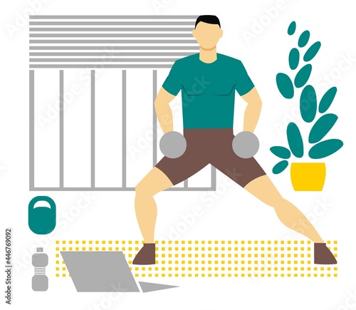 Man doing exercises with dumbbells. Online trainers and telecommuting in the fitness industry. The concept of being at home during a pandemic. Flat image isolated on white background. 