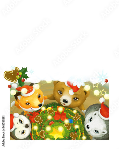 cartoon christmas scene forest animals with presents