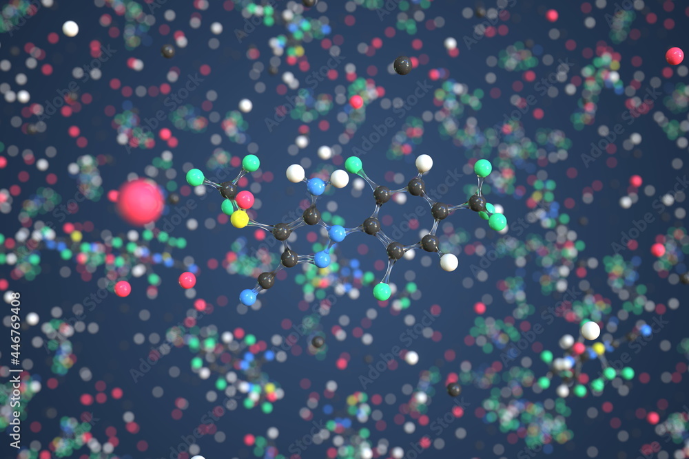 Fipronil molecule made with balls, conceptual molecular model. Chemical 3d rendering