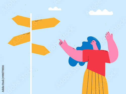 Decision making, decision crossroads concept, different professional directions, questions about life and career, future plans and choices flat vector illustration design