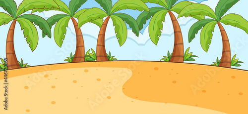Empty beach landscape scene with many palm trees