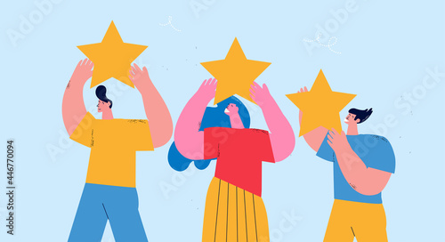 Review rating and positive feedback, customer reviews, customer satisfaction, recommendations flat vector illustration. People give positive rating and feedback. Customer choice concept