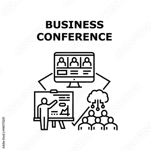 Business Conference Employees Vector Icon Concept. Online Business Conference Employees Or In Meeting Room  Computer Application For Colleagues Communication And Discussing Black Illustration