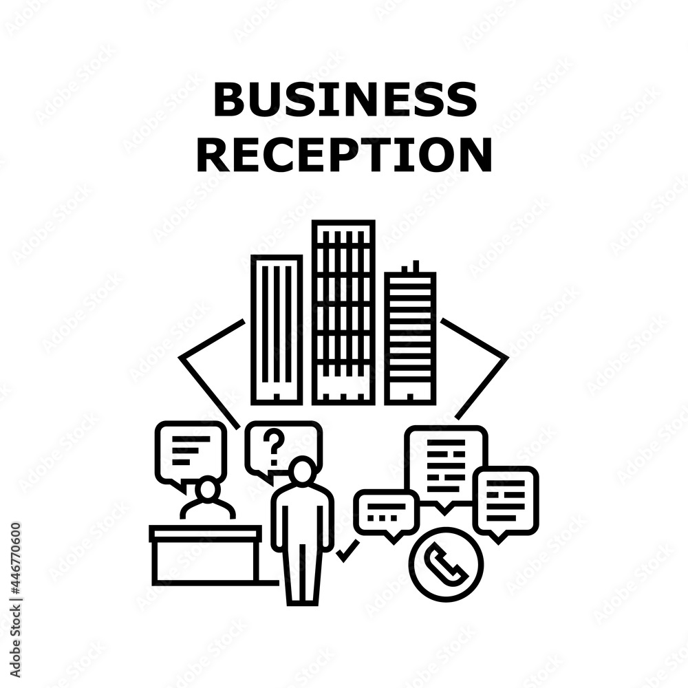 Business Reception Office Vector Icon Concept. Business Reception Office, Receptionist Talking With Businessman On Phone And Chatting E-mail, Consultation And Advising Black Illustration Business Reception Office Vector Icon Concept. Business Reception Office, Receptionist Talking With Businessman On Phone And Chatting E-mail, Consultation And Advising Black Illustration