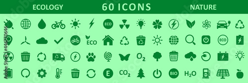 Set of 60 ecology icons. Green nature icons. Vector illustration.