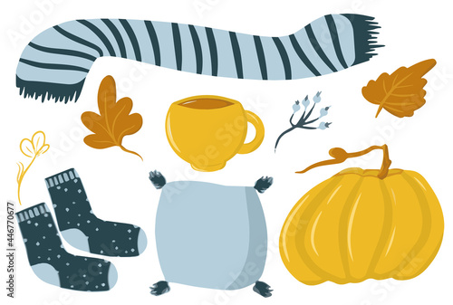 Autumn cozy collection of elements, set with mug, scarf, pillow, socks, pumpkin, pumpkin drink, autumn leaves, home collection for cozy evening, cute illustration, cartoon style, hygge autumn, vector