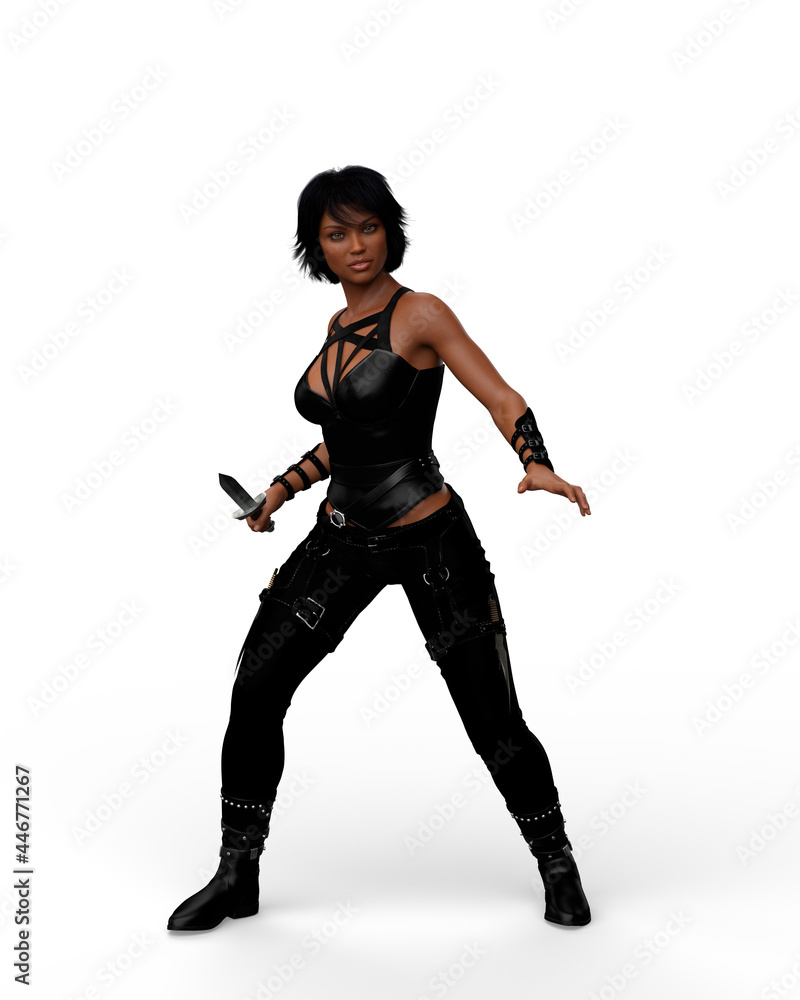 3D illustration of a beautiful young dark haired woman wearing a black leather outfit and standing in alert pose with a knife in her right hand isolated on white. 3D illustration of a beautiful young dark haired woman wearing a black leather outfit and standing in alert pose with a knife in her right hand isolated on white.