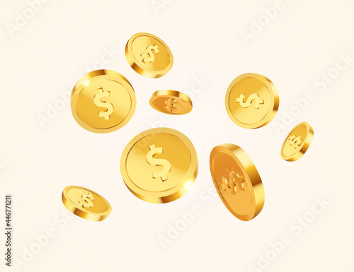 Realistic flying gold dollar coins