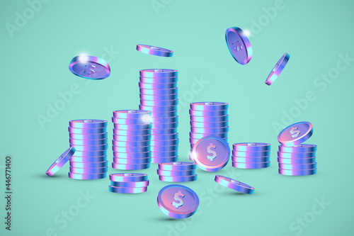 realistic purple coins on green background, vector illustration 