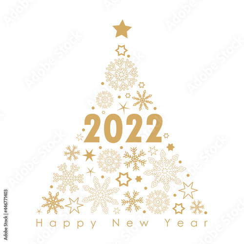 2022 golden christmas tree with snowflakes and stars on a black background