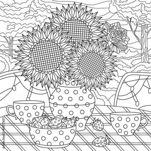 Sunflowers with tea cup and strawberry at dacha. Summer countryside coloring book for adult for antistress. Vector hand drawing.