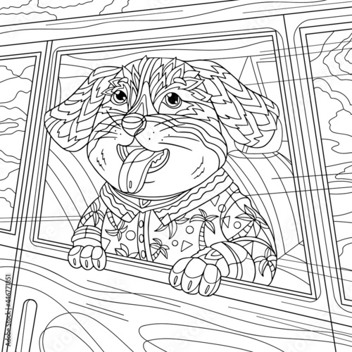 Dog travel fast in the car. Happy pet outside window. Coloring book page for adult with doodle and zentangle elements. Vector art.