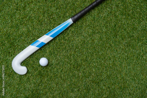 Field hockey stick and ball on the green field. Professional sport concept