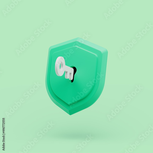 Fotografie Shield protected icon with key simple 3d illustration on pastel abstract background