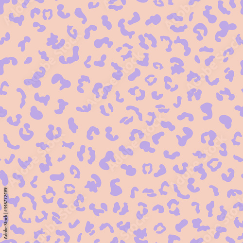 Lilac leopard seamless repeat pattern. Random placed, animal skin stains all over surface print on beige rose background.