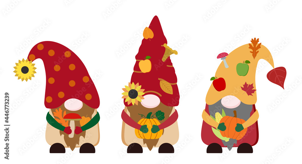 Cartoon flat fall vector gnomes in red, yellow hats with leaves, apples, forest mushrooms, orange pumpkins, ear of corn, sunflowers. Isolated on white background. Cartoon flat fall vector gnomes in red, yellow hats with leaves, apples, forest mushrooms, orange pumpkins, ear of corn, sunflowers. Isolated on white background.