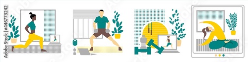 Set of sports at home online. Exercise online via laptop and tablet. Classes with an instructor through a video conference. Yoga and fitness concept. Flat vector isolated on white background.