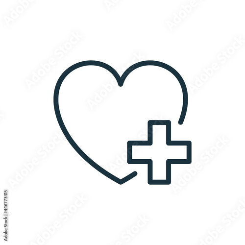 Heart with Plus Line Icon. Donation Concept. Charity and Humanitarian Aid Linear Pictogram. Healthcare Assistance Outline Icon. Editable Stroke. Isolated Vector Illustration