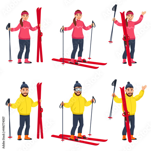 Male and female skiers in different poses. Sportpersons in cartoon style.