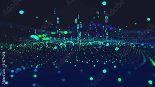 Big Data concept. Blockchain 3D illustration. Information Waves and the Global Database. Neural networks and artificial intelligence. Abstract technological background