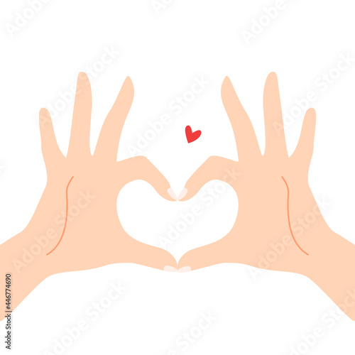 Beautiful hands making a heart shape to express feeling of love cartoon flat vector illustration isolated on white background. Sending romantic feeling with mini heart. Happy Valentine's Day.