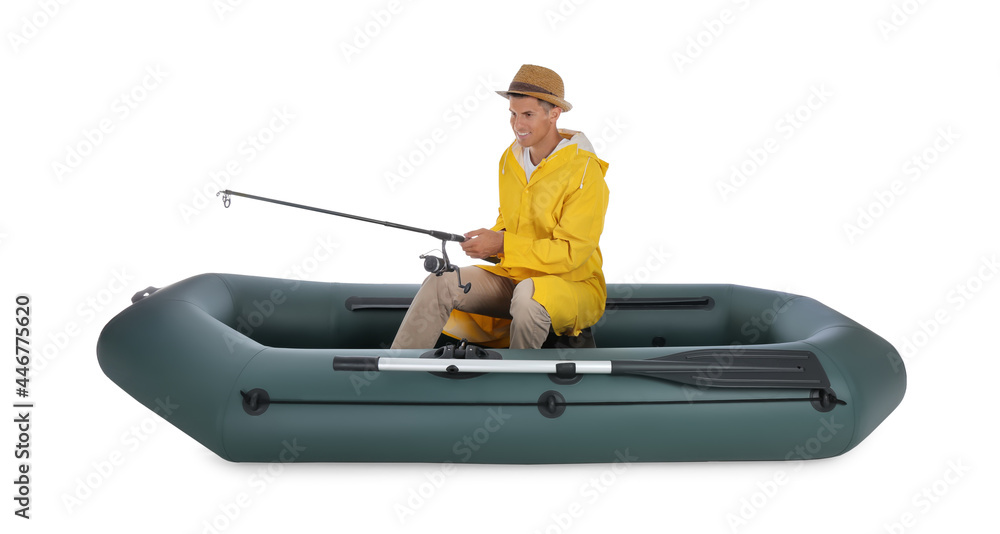 Man fishing with rod from inflatable rubber boat on white background Man fishing with rod from inflatable rubber boat on white background