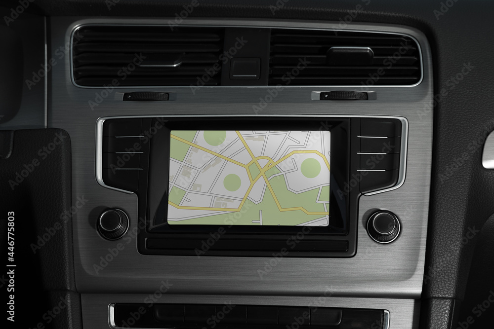 Closeup view of dashboard with navigation system in modern car Closeup view of dashboard with navigation system in modern car