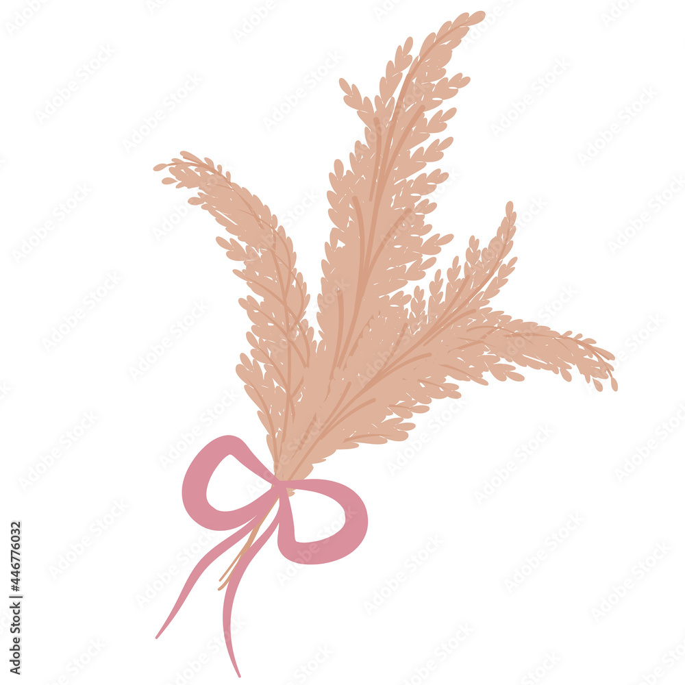 Naklejka premium A bouquet of wheat, pampas with a pink bow is isolated on a white background. Vector illustration in the flat boho style of Cortaderia selloana.