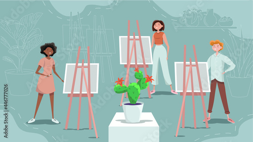 Painting classes: three people together standing in fron of easels and painting cactus. Good characters for advertisment or cartoon video about art or hobby.