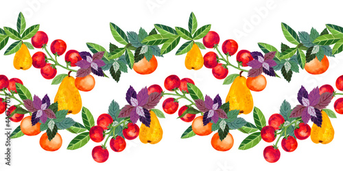 Seamless repeat background pear orange tomato and basil colorful