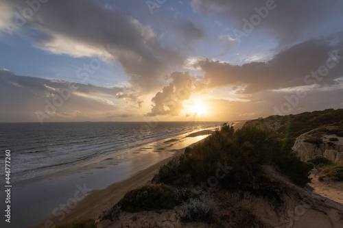 unas vistas de la bella playa de Mazagon  situada en la provincia de Huelva  Espa  a. Con sus acantilados   pinos  dunas   vegetacion verde y un cielo con nubes. Atardeceres preciosos