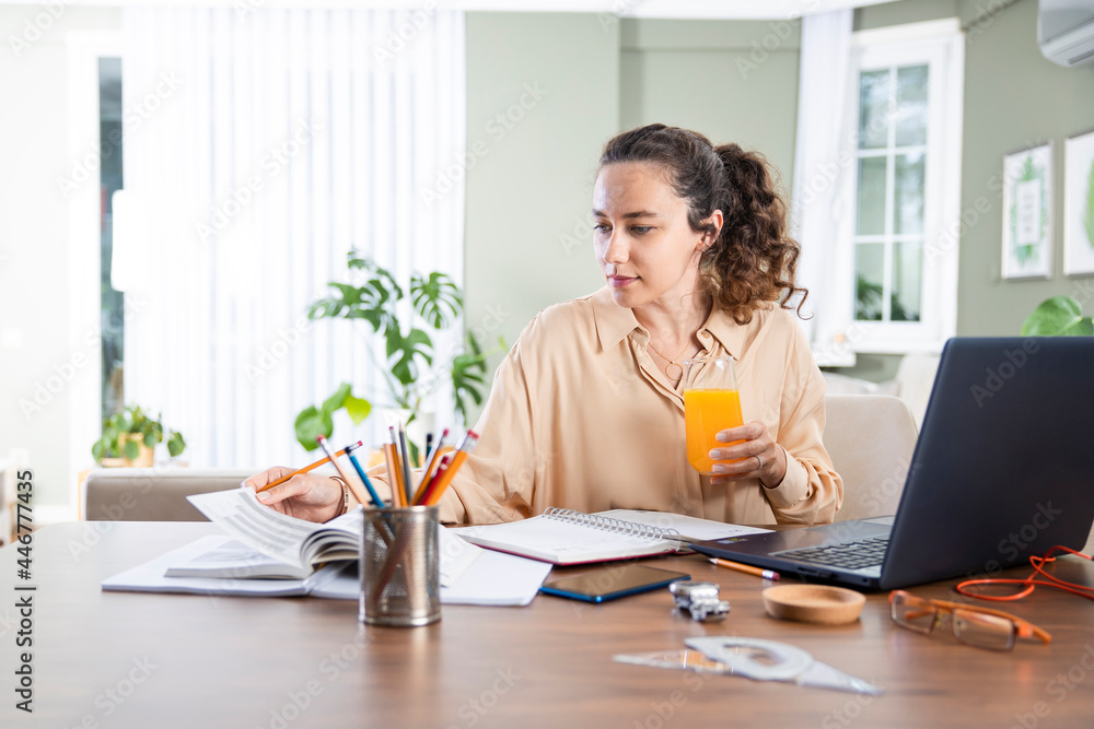 Young woman working from home. Young woman working from home.