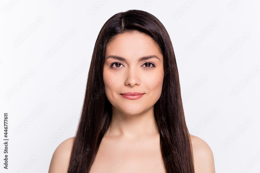 Photo of attractive woman happy positive smile cosmetology procedure hydration pure skin isolated over grey color background Photo of attractive woman happy positive smile cosmetology procedure hydration pure skin isolated over grey color background