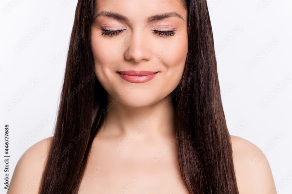 Cropped photo portrait beautiful woman with closed eyes smiling isolated on white color background Cropped photo portrait beautiful woman with closed eyes smiling isolated on white color background
