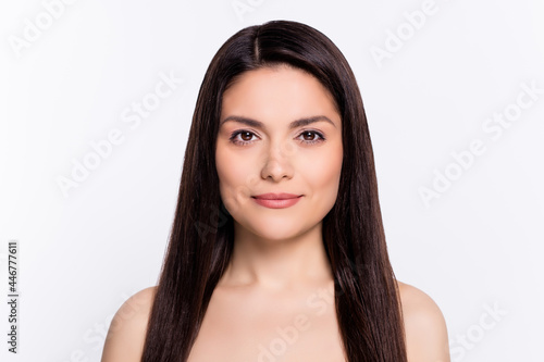 Photo of attractive woman happy positive smile cosmetology procedure hydration pure skin isolated over grey color background